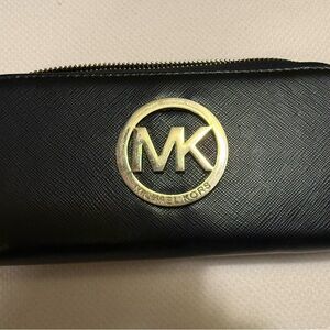 Michael Kors Black Zip Wallet with Gold Accents